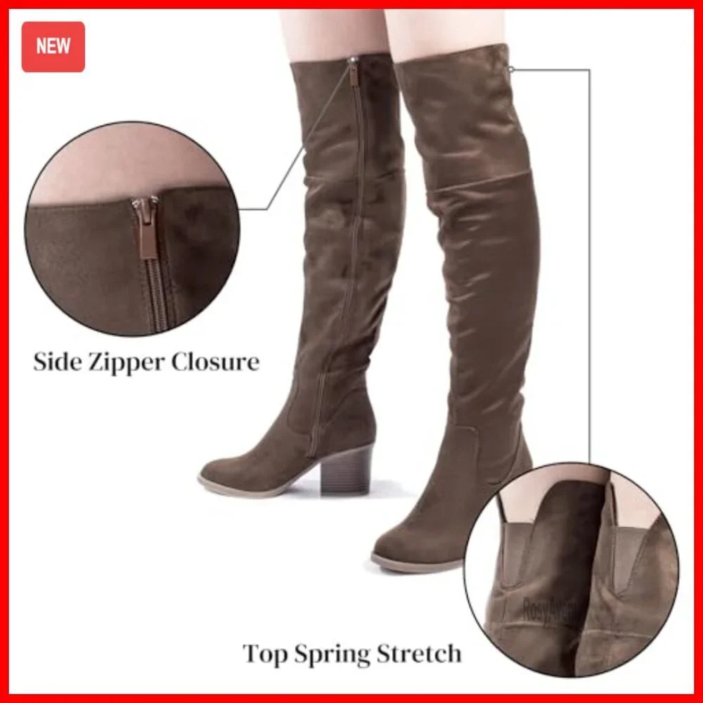 Thigh High Boots with Block Heel, Side Zipper, Faux Suede Material